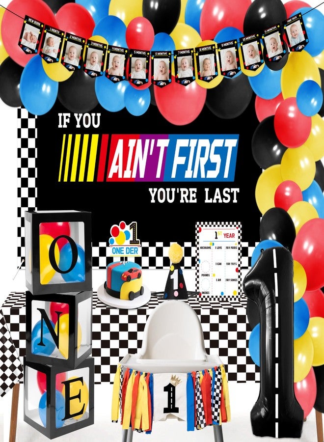 زينة عيد ميلاد Z1juce Fast One للأولاد - لوازم حفلات عيد الميلاد الأول بطابع سيارات السباق، تشمل قبعة عيد ميلاد، زينة كعكة، خلفية، مفرش طاولة، لافتة صور، قوس، صناديق بالونات، وملصق. - Image 1